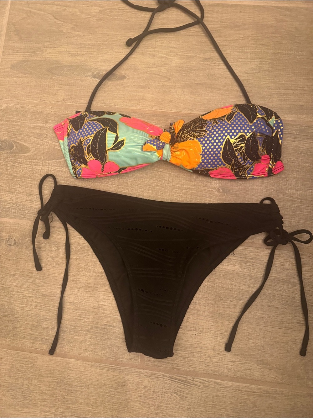 Multicolor Floral Bandeau Bikini Top with Black Tie-Side Bottoms